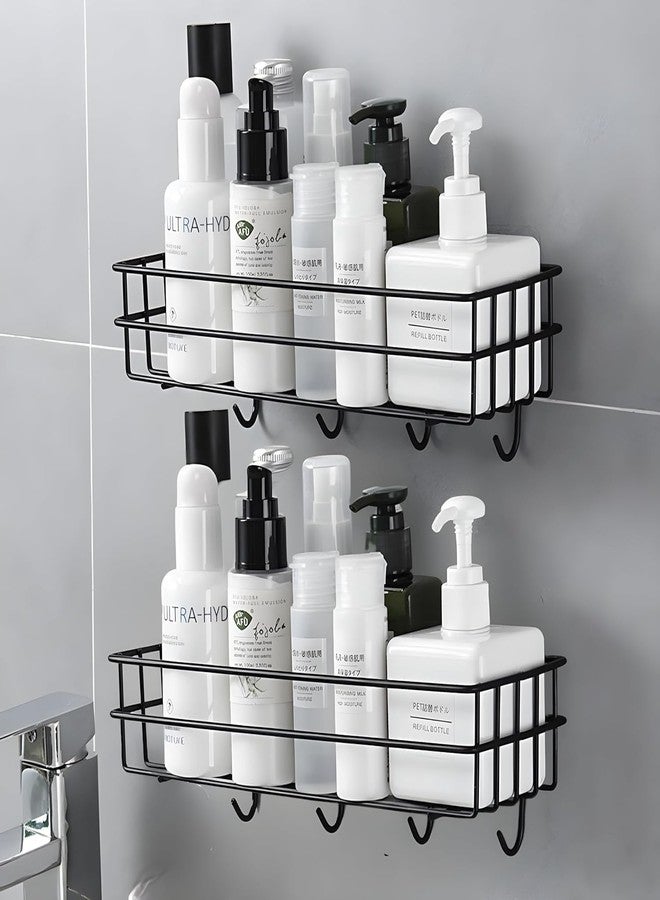 LYSIREN Pack of 2 Stainless Steel Bathroom Shelf for Wall - Self Adhesive Bathroom Organizer with 4 Hooks, Space-Saving Wall Mounted Shelf for Bathroom Essentials, No-Drill Bathroom Shelf (Black) - Image 1